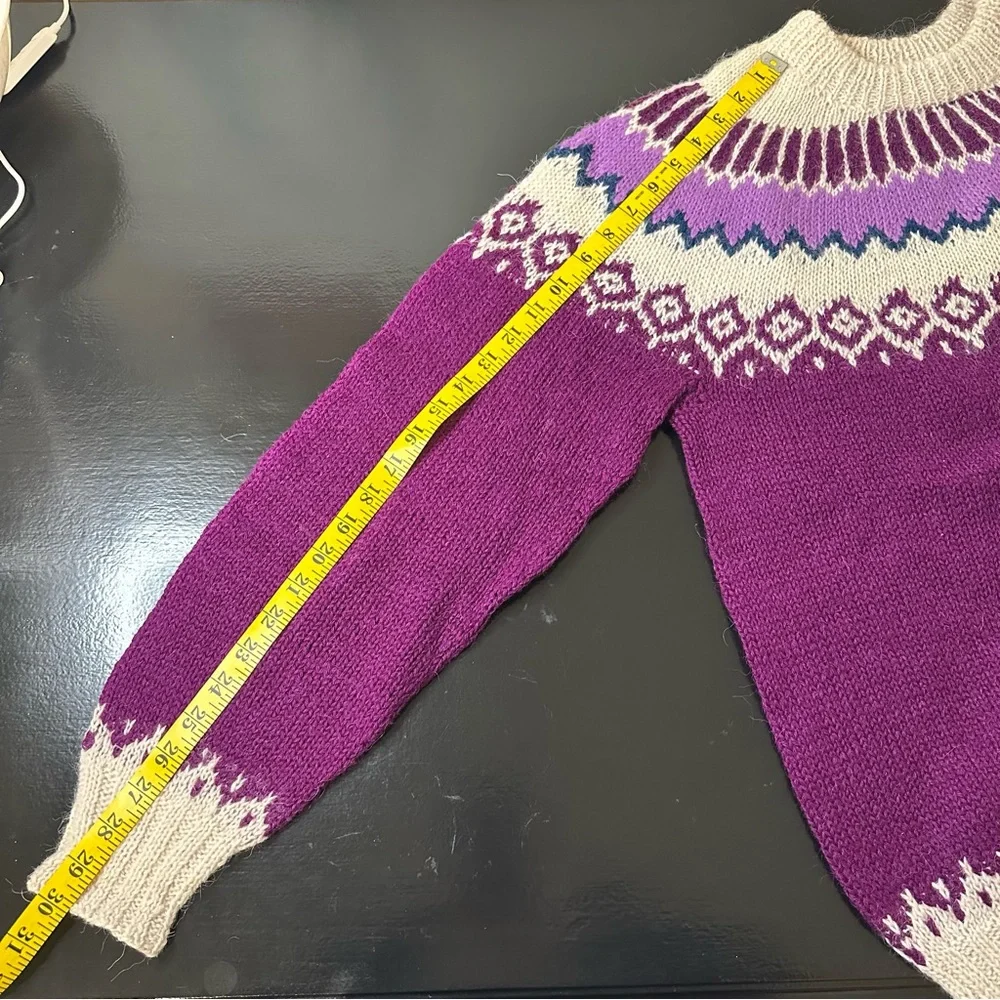 Purple and Cream Hand knitted Wool Women's Sweater - Picture 8 of 8